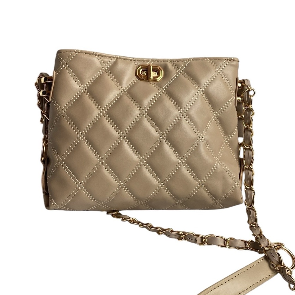 Small Crossbody Bag Quilted PU Leather Lightweight Fashion Khaki/Gold Chain
